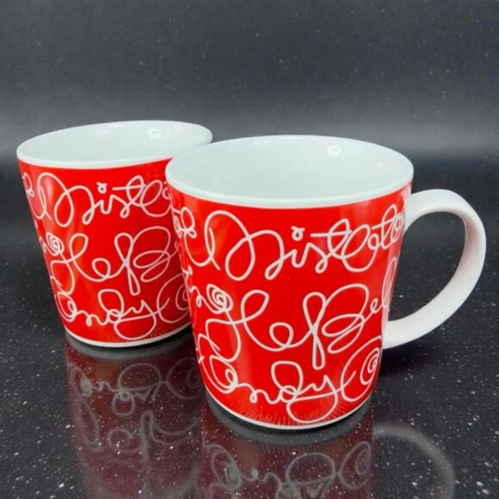 Crate And Barrel Christmas Mug Cup Jingle Bells Mistletoe Candy Cane Set 2 Mugs‎